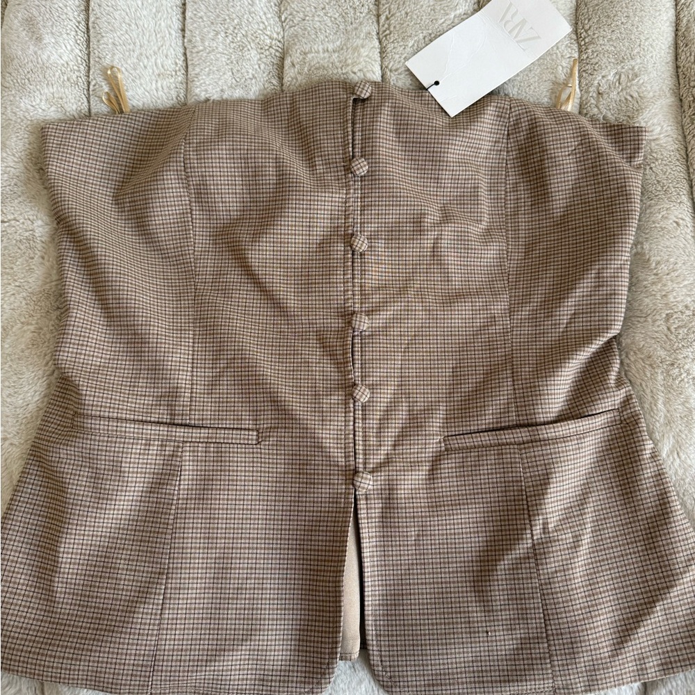 Zara Tan Checkered Strapless Top